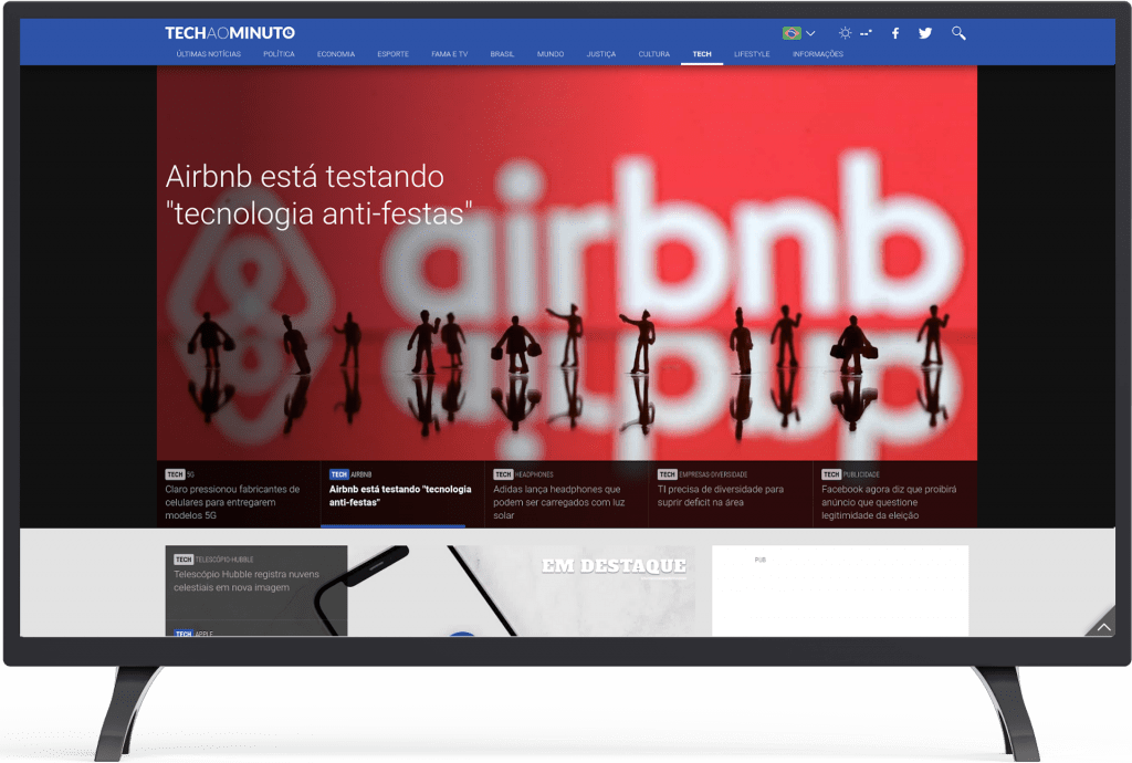 Captura de tela do onplayer mostrando notícia sobre o Airbnb em uma televisão