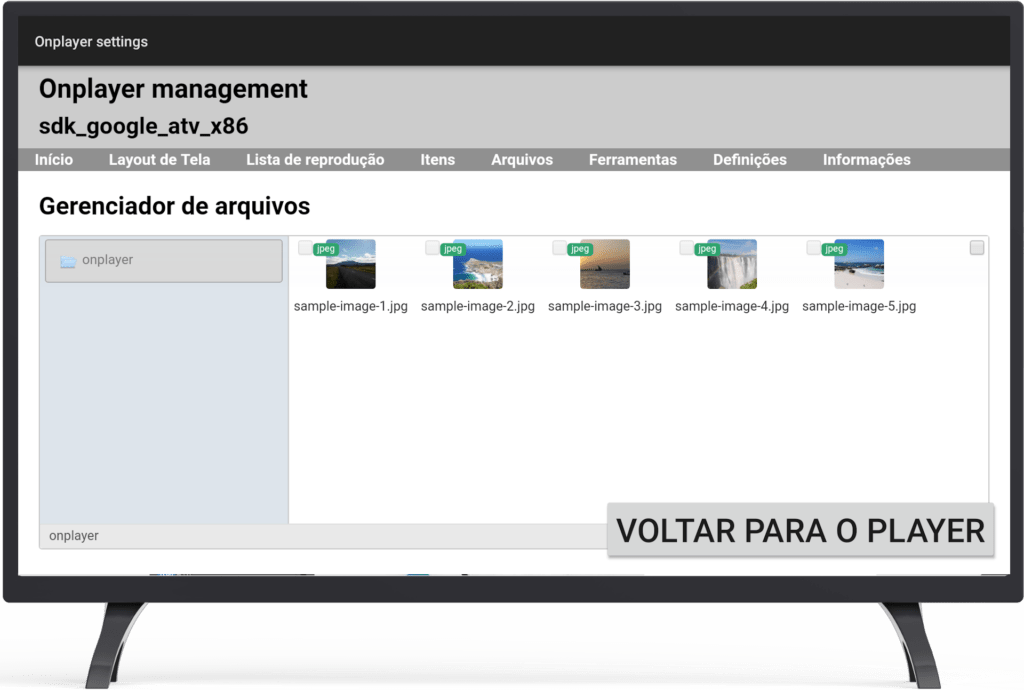Tela de configuração de envio de arquivos no aplicativo androidtv onplayer